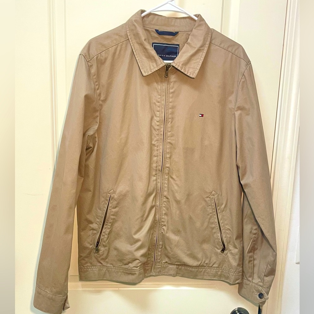 Tommy Hilfiger Bomber Jacket Mens Size M Medium Tan Cotton Plaid Lined Zip Up